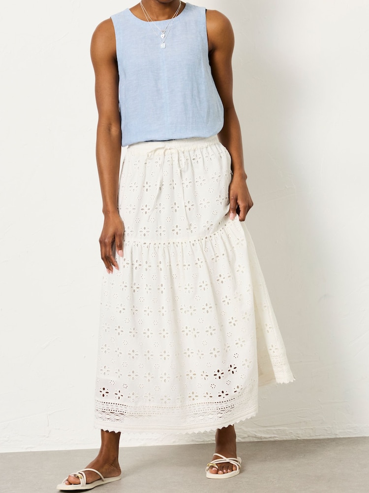 FatFace Winnie White Broderie Midi Skirt - Image 1 of 6