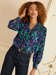 Love & Roses Blue Animal Petite Button Through Long Sleeve Shirt - Image 1 of 4