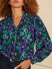Love & Roses Blue Animal Petite Button Through Long Sleeve Shirt - Image 2 of 4