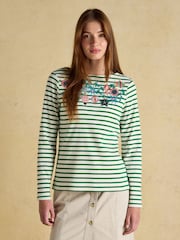 Joules Festive Harbour Green/White Bauble Boat Neck Breton Top - Image 1 of 7