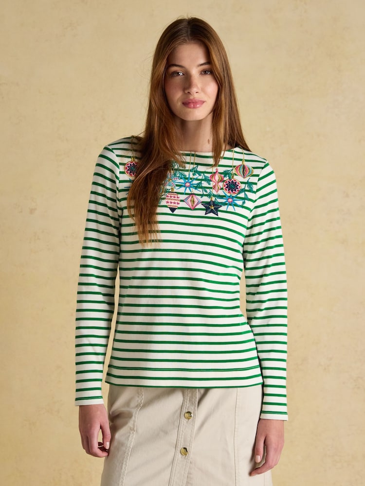 Joules Festive Harbour Green/White Bauble Boat Neck Breton Top - Image 1 of 7 Joules Festive Harbour Green/White Bauble Boat Neck Breton Top - Image 1 of 7