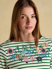 Joules Festive Harbour Green/White Bauble Boat Neck Breton Top - Image 4 of 7