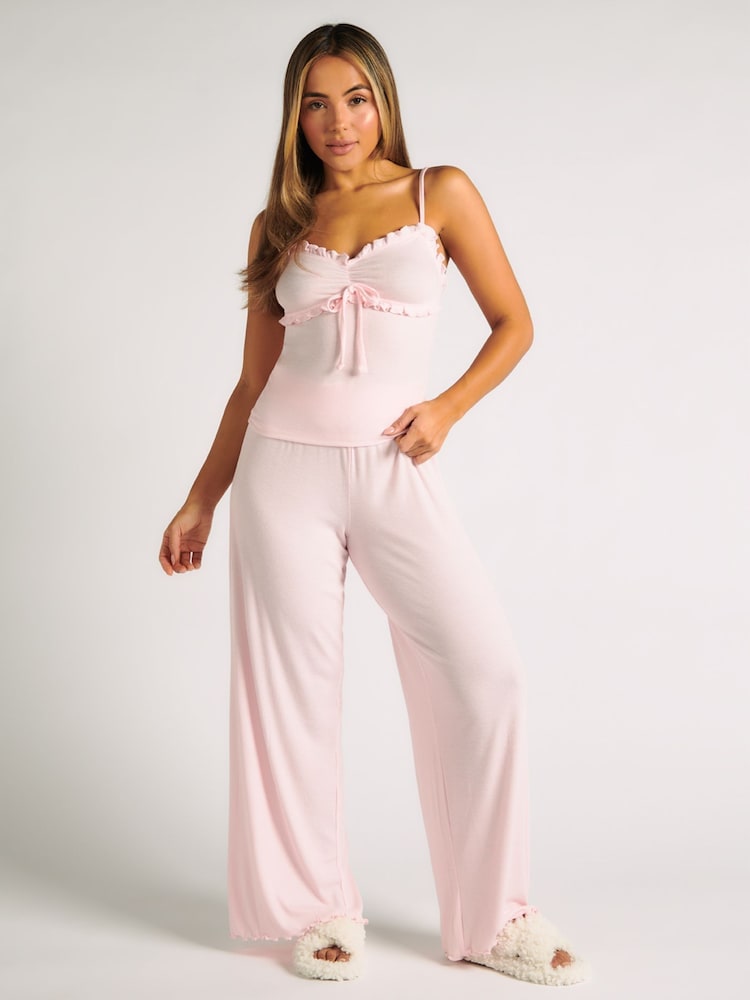 Boux Avenue Pink Rib Frill Cami and Pyjamas Set - Image 1 of 5