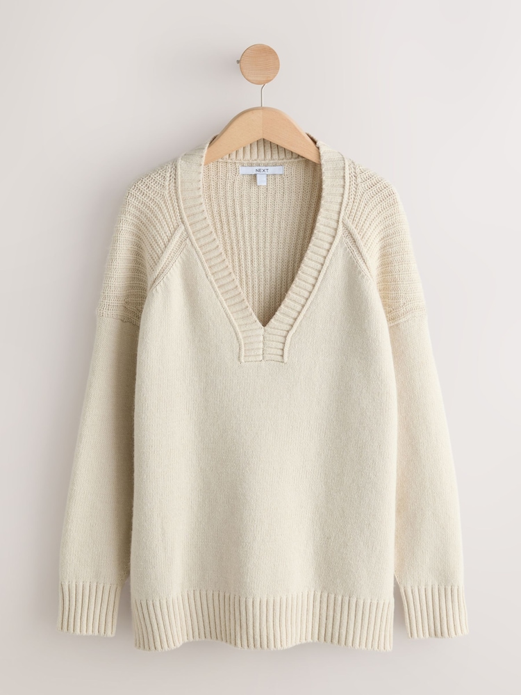 Ecru Cotton And Wool Blend Longline V-Neck Jumper - Image 1 of 3 Ecru Cotton And Wool Blend Longline V-Neck Jumper - Image 1 of 3