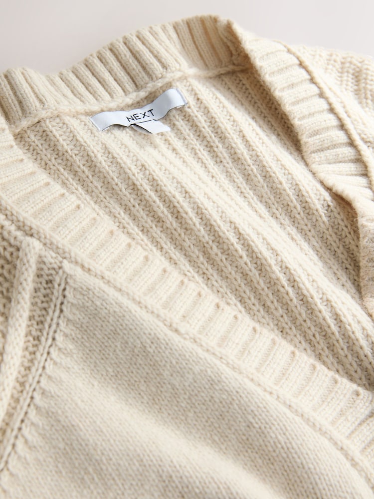 Ecru Cotton And Wool Blend Longline V-Neck Jumper - Image 2 of 3 Ecru Cotton And Wool Blend Longline V-Neck Jumper - Image 2 of 3