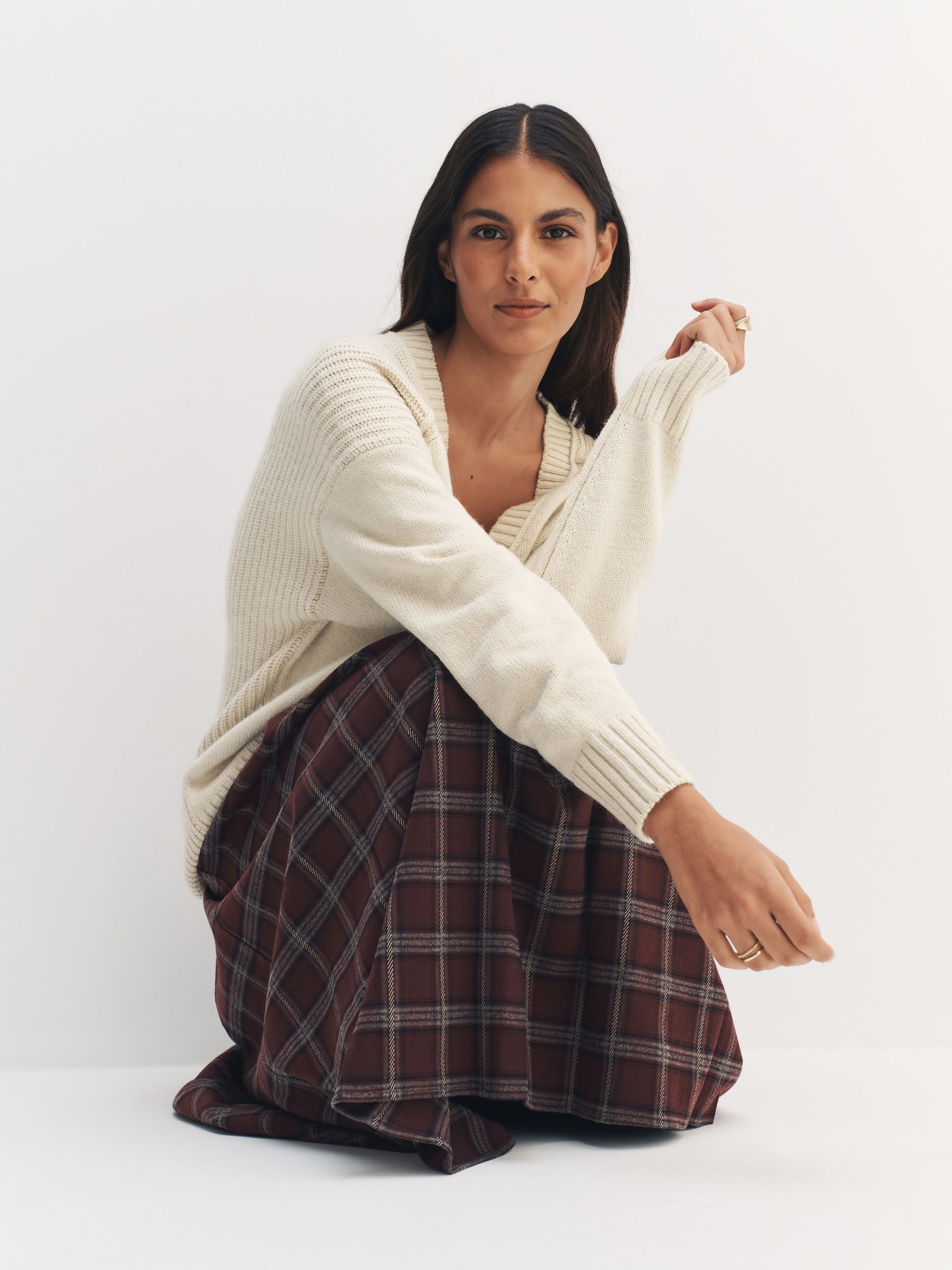 Buy Ecru Cotton And Wool Blend Longline V-Neck Jumper from the