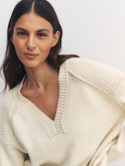 Ecru Cotton And Wool Blend Longline V-Neck Jumper - Image 5 of 8