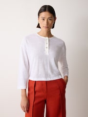 Jigsaw White Long Sleeve Linen Henley Top - Image 1 of 3