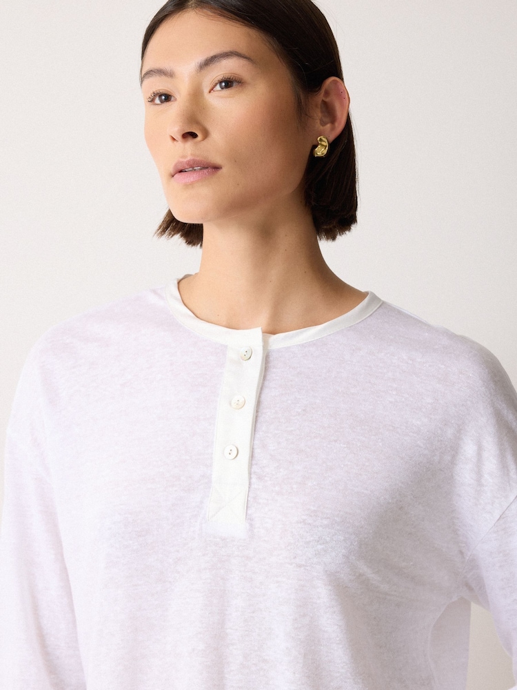 Jigsaw White Long Sleeve Linen Henley Top - Image 3 of 3 Jigsaw White Long Sleeve Linen Henley Top - Image 3 of 3