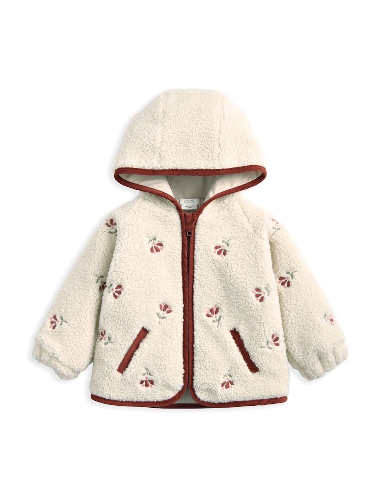 Mamas & Papas Cream Embroidered Hooded Borg Jacket - Image 1 of 2