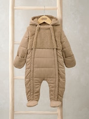 Mamas & Papas Quilted Cord and Borg Brown Pramsuit with 3D Ears - Image 1 of 3
