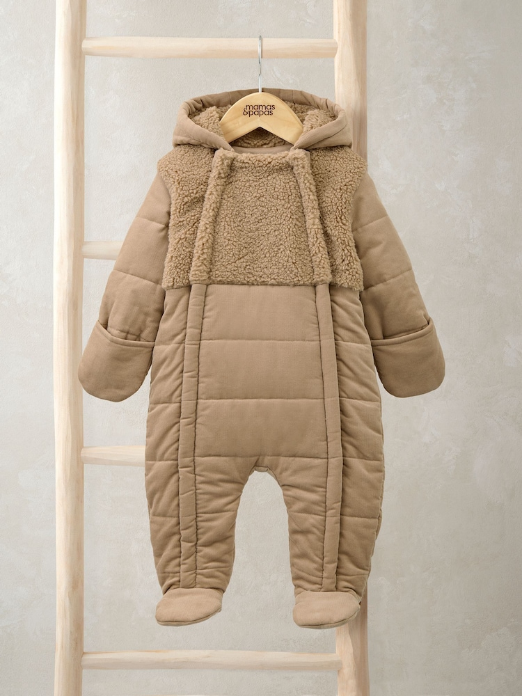Mamas & Papas Quilted Cord and Borg Brown Pramsuit with 3D Ears - Image 1 of 3 Mamas & Papas Quilted Cord and Borg Brown Pramsuit with 3D Ears - Image 1 of 3