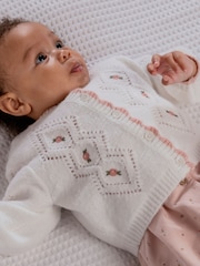 Mamas & Papas Embroidered Cable Knit White Cardigan - Image 4 of 7