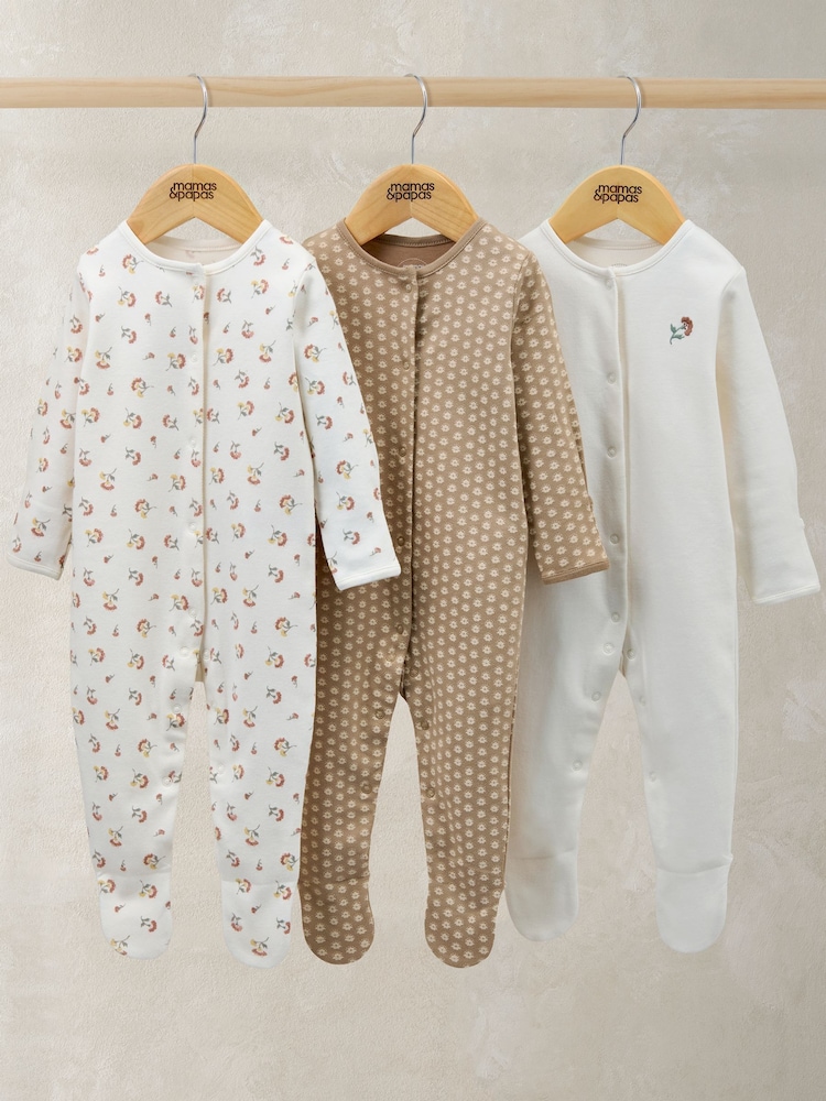 Mamas & Papas Floral Woodblock Brown Sleepsuits 3 Pack - Image 1 of 3 Mamas & Papas Floral Woodblock Brown Sleepsuits 3 Pack - Image 1 of 3