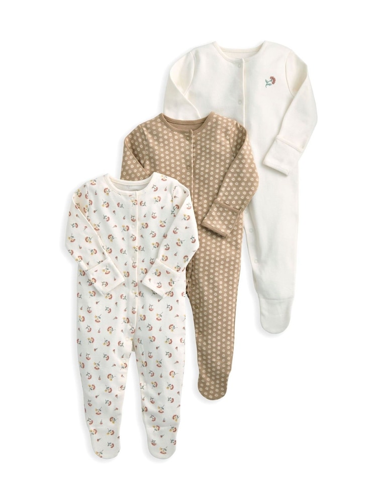 Mamas & Papas Floral Woodblock Brown Sleepsuits 3 Pack - Image 2 of 3