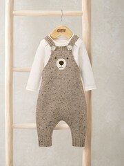 Mamas & Papa Knitted Bear Brown Dungarees & Bodysuit Set - Image 1 of 5