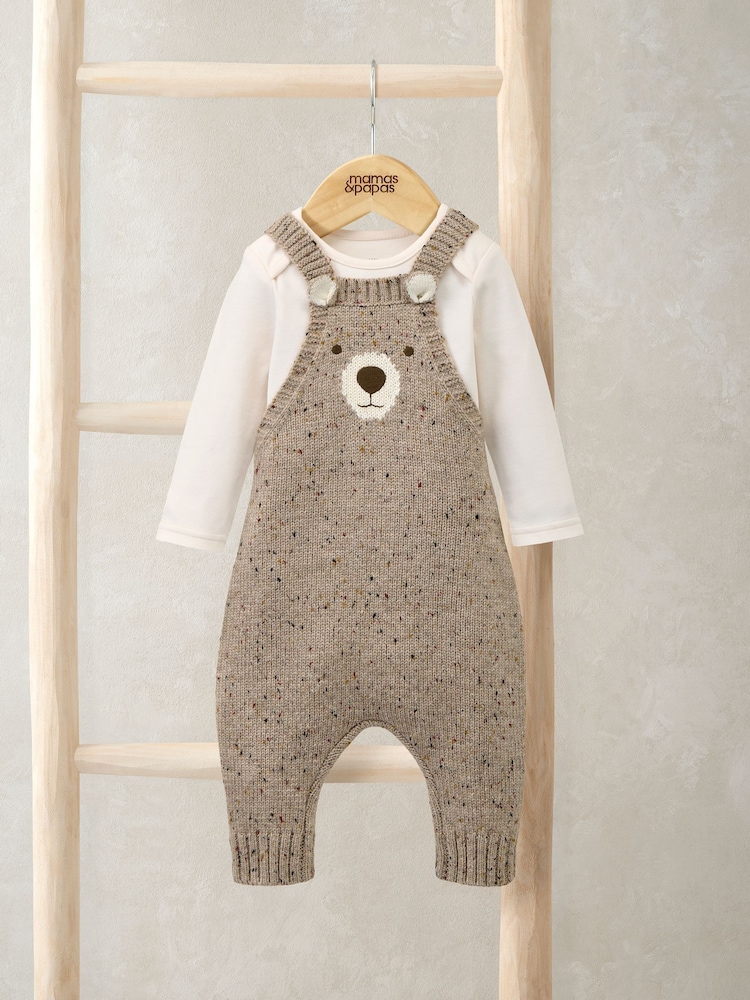 Mamas & Papa Knitted Bear Brown Dungarees & Bodysuit Set - Image 1 of 5 Mamas & Papa Knitted Bear Brown Dungarees & Bodysuit Set - Image 1 of 5