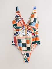 Cream/Brown Abstract Plunge Tummy Control Swimsuit - Image 1 of 4