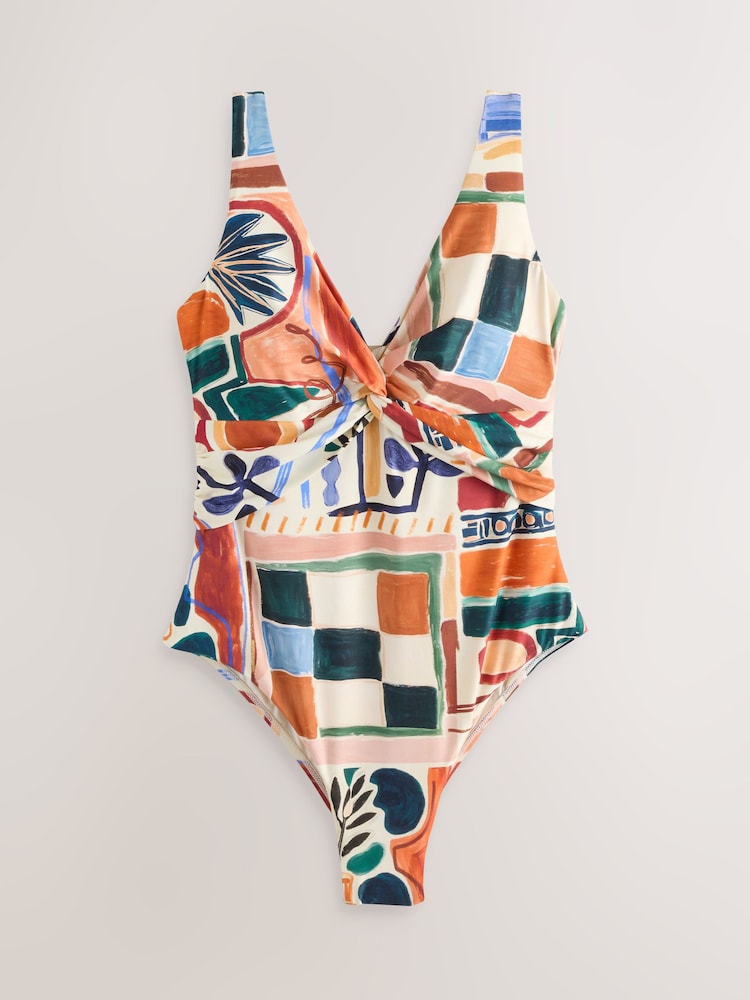Cream/Brown Abstract Plunge Tummy Control Swimsuit - Image 1 of 4