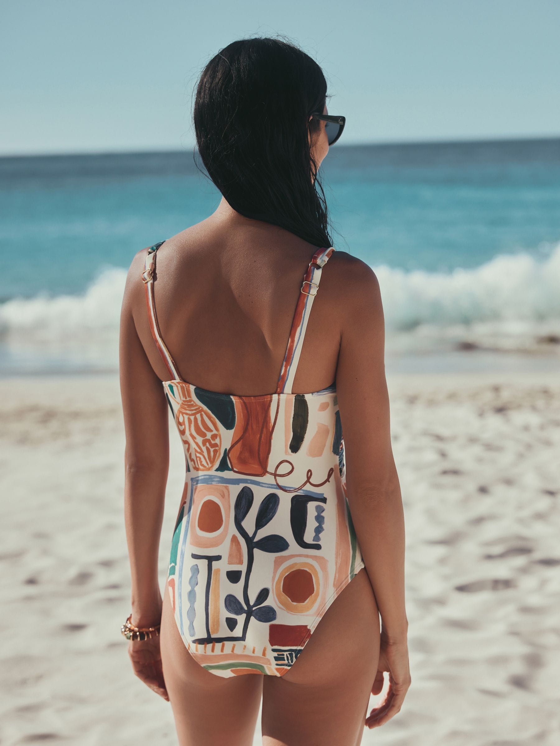 Buy Cream/Brown Abstract Plunge Tummy Control Swimsuit from Next USA