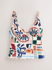 Rust Red/Cream Abstract Macrame Strap Plunge Tummy Control Tankini Top - Image 1 of 3