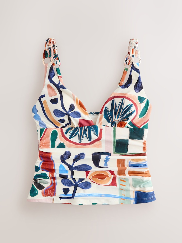 Rust Red/Cream Abstract Macrame Strap Plunge Tummy Control Tankini Top - Image 1 of 3 Rust Red/Cream Abstract Macrame Strap Plunge Tummy Control Tankini Top - Image 1 of 3