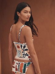 Rust Red/Cream Abstract Macrame Strap Plunge Tummy Control Tankini Top - Image 4 of 8