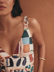 Rust Red/Cream Abstract Macrame Strap Plunge Tummy Control Tankini Top - Image 5 of 8