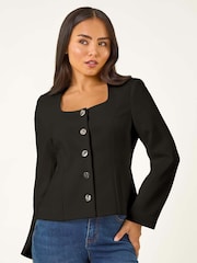 Preto - Jaqueta Roman Petite com Scoop Neck e botões - Imagem 1 de 5