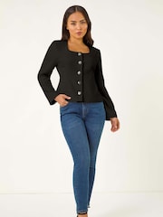 Preto - Jaqueta Roman Petite com Scoop Neck e botões - Imagem 2 de 5