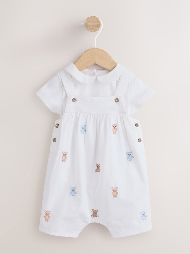 White Embroidered Bear Woven Dungaree and Bodysuit Baby Set (0mths-3yrs) - Image 1 of 10