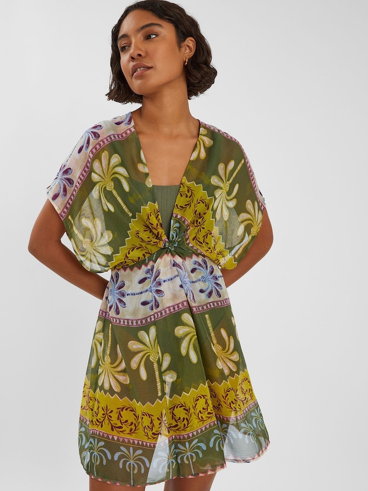 Accessorize Green Mini Palm Print Kaftan Dress - Image 1 of 4