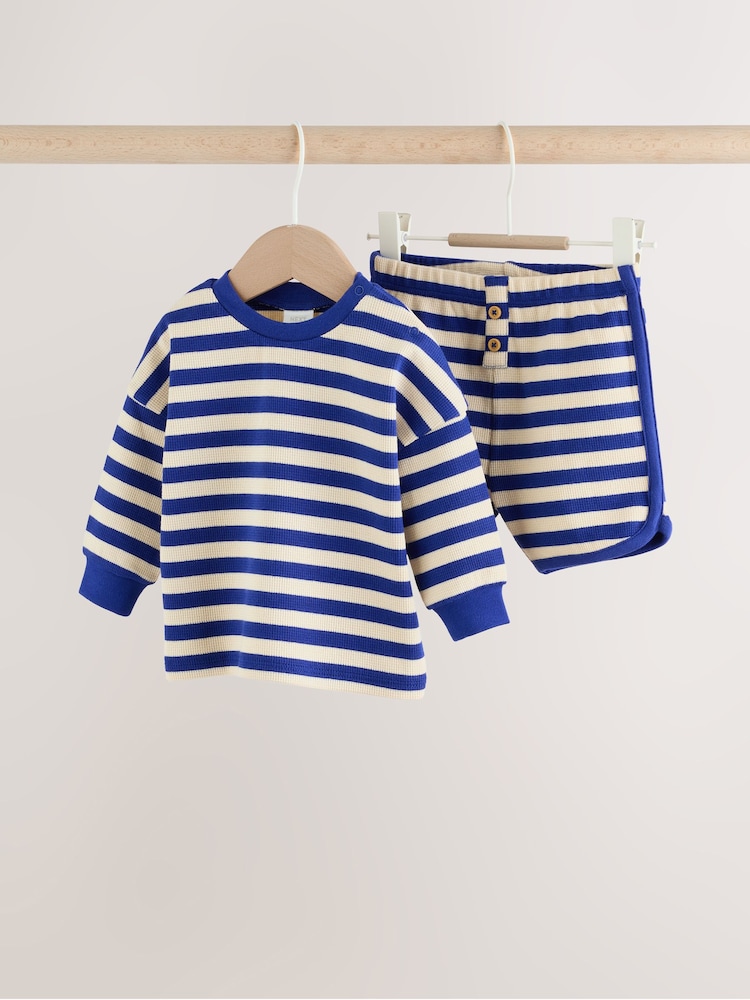 Blue Stripe Long Sleeve Top and Shorts Baby Set (0mths-2yrs) - Image 1 of 11 Blue Stripe Long Sleeve Top and Shorts Baby Set (0mths-2yrs) - Image 1 of 11