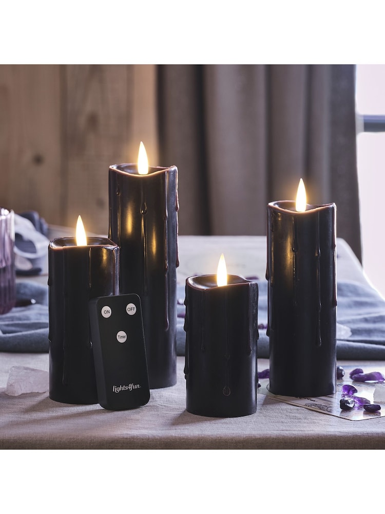 Lights4fun 4 TruGlow® Black Wax LED Slim Pillar Candles - Image 2 of 2