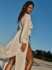 Lipsy White Petite Lace Trim Maxi Kimono - Image 4 of 4