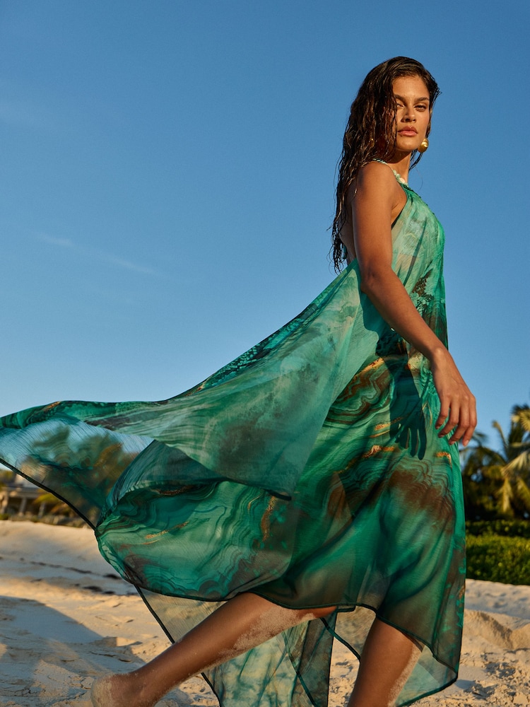 Lipsy Green Mara Printed Hanky Hem Dress - Image 2 of 3