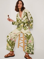 Monsoon Cream Fleur Floral Print Wide Leg Trousers - Image 1 of 6