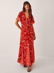 Monsoon Orange Tallie Floral Print Cape Maxi Dress - Image 1 of 5