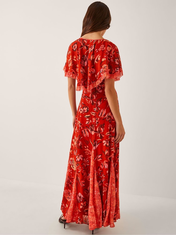 Monsoon Orange Tallie Floral Print Cape Maxi Dress - Image 2 of 5