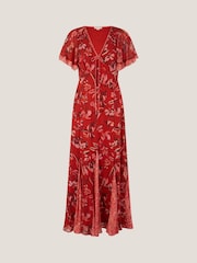 Monsoon Orange Tallie Floral Print Cape Maxi Dress - Image 4 of 5