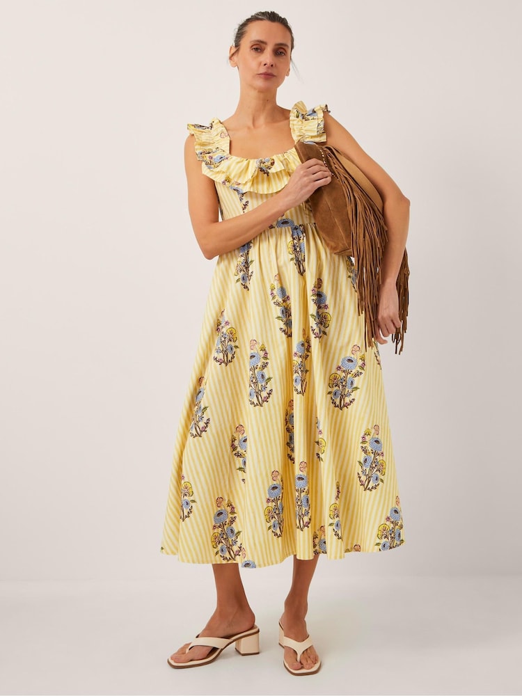 Monsoon Yellow Maria Frill Floral Print Stripe Midi Dress - Image 1 of 6