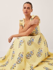 Monsoon Yellow Maria Frill Floral Print Stripe Midi Dress - Image 3 of 6