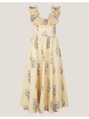 Monsoon Yellow Maria Frill Floral Print Stripe Midi Dress - Image 6 of 6