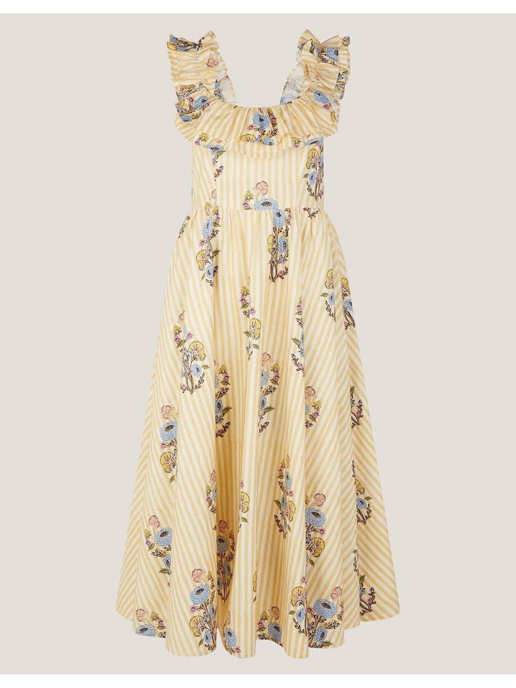 Monsoon Yellow Maria Frill Floral Print Stripe Midi Dress - Image 6 of 6
