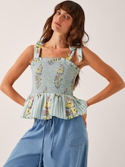 Monsoon Blue Lucille Floral Print Stripe Smocked Blouse - Image 1 of 5