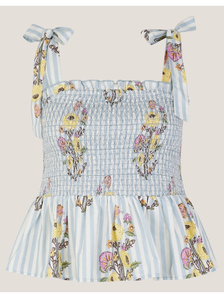 Monsoon Blue Lucille Floral Print Stripe Smocked Blouse - Image 5 of 5