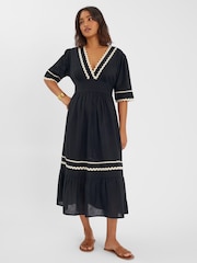 Accessorize Black V-Neck Ric Rac Midi Dress - Image 1 of 3