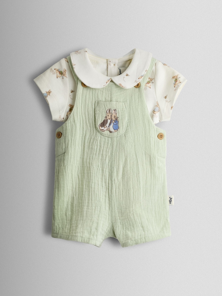JoJo Maman Bébé Green Peter Rabbit™ Cheesecloth Dungaree & Body Set - Image 2 of 8