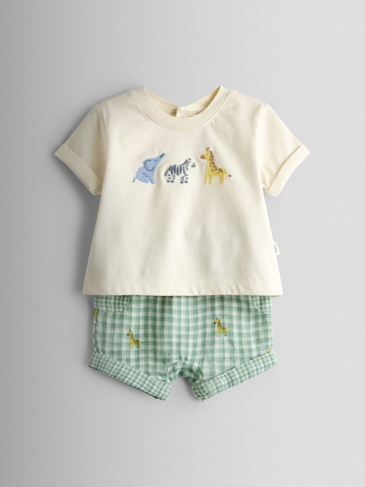 JoJo Maman Bébé Cream Safari Gingham Applique Top and Short Set - Image 1 of 7 JoJo Maman Bébé Cream Safari Gingham Applique Top and Short Set - Image 1 of 7