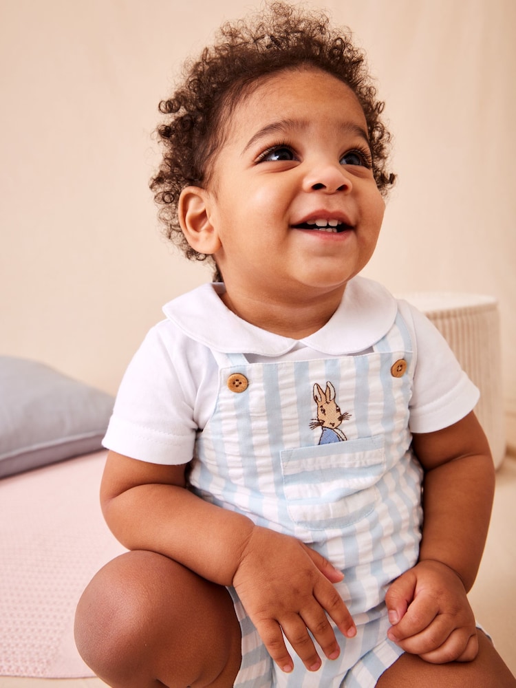 JoJo Maman Bébé Blue Peter Rabbit™ Stripe Dungaree, Body & Hat Set - Image 1 of 11 JoJo Maman Bébé Blue Peter Rabbit™ Stripe Dungaree, Body & Hat Set - Image 1 of 11